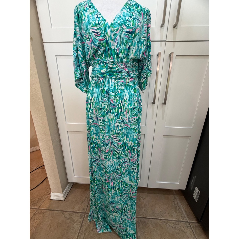 Lilly Pulitzer Green Blue Pineapple of My Eye Print V-Neck Maxi Dress Medium